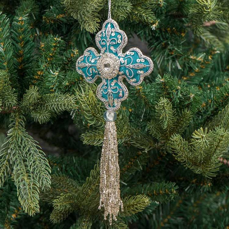 Бирюзовая новогодняя подвеска с бисером Pendant Cross With Beads Turquoise 22 cm