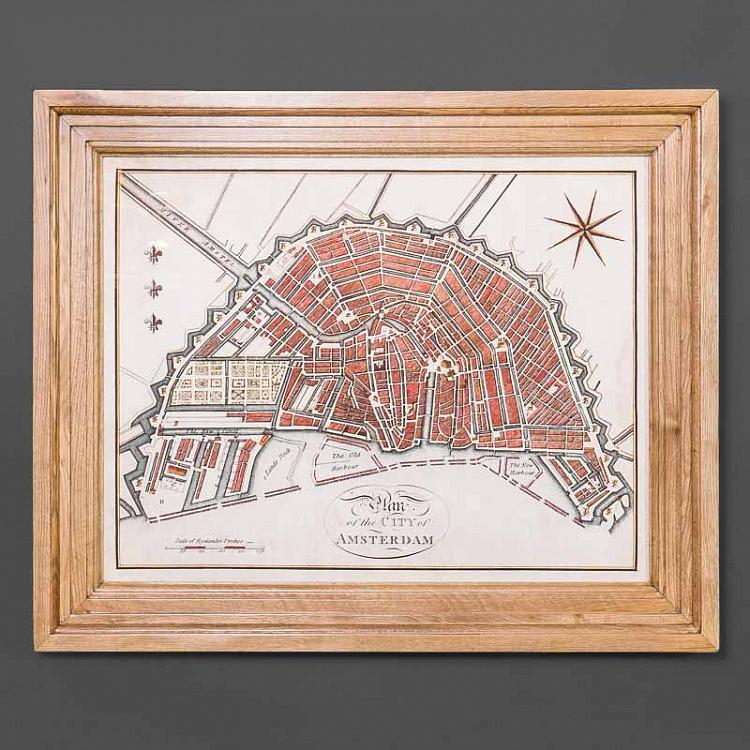 Картина-принт Карта Амстердама, рама из высветленного дуба Classic Map Amsterdam, Weathered Oak
