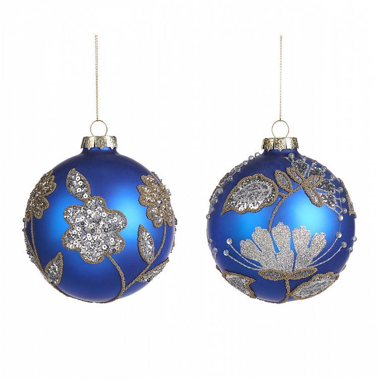 Набор из двух синих ёлочных шаров с серебряными цветами Set Of 2 Glass Sequence Flower Ball Blue Silver 10 cm