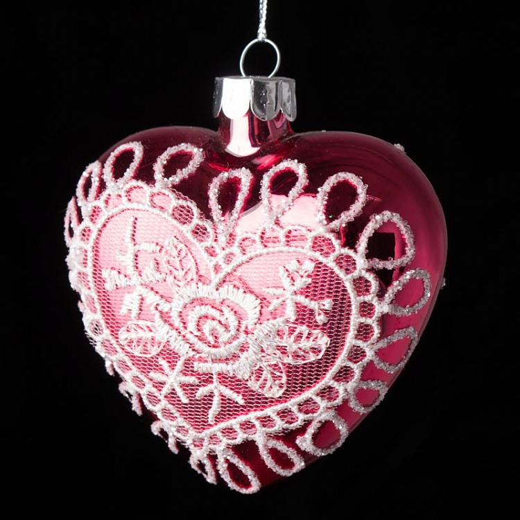 Glass Lace Rose Heart Red 8 cm