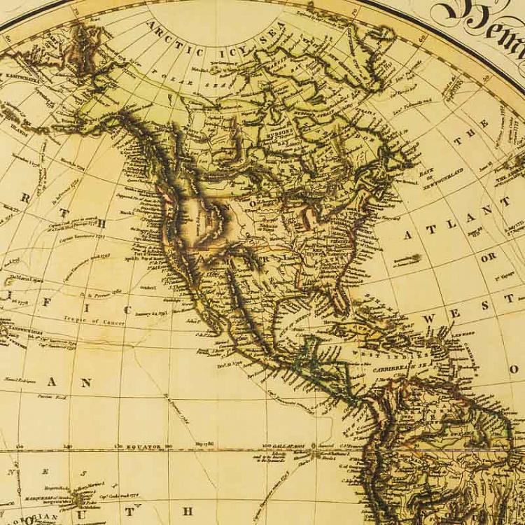 Винтажная картина-принт в чёрной с золотом раме Старинные карты Западого полушария, 1831 Vintage Maps Western Hemisphere 1831, MP3 Frame