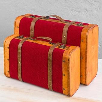 Set Of 2 Wood Velvet Suitcase Boxes Red