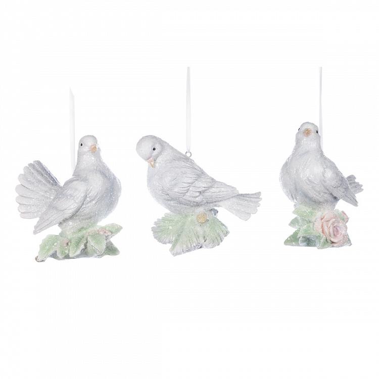 Set Of 3 Ice Doves With Roses White 11,5 cm