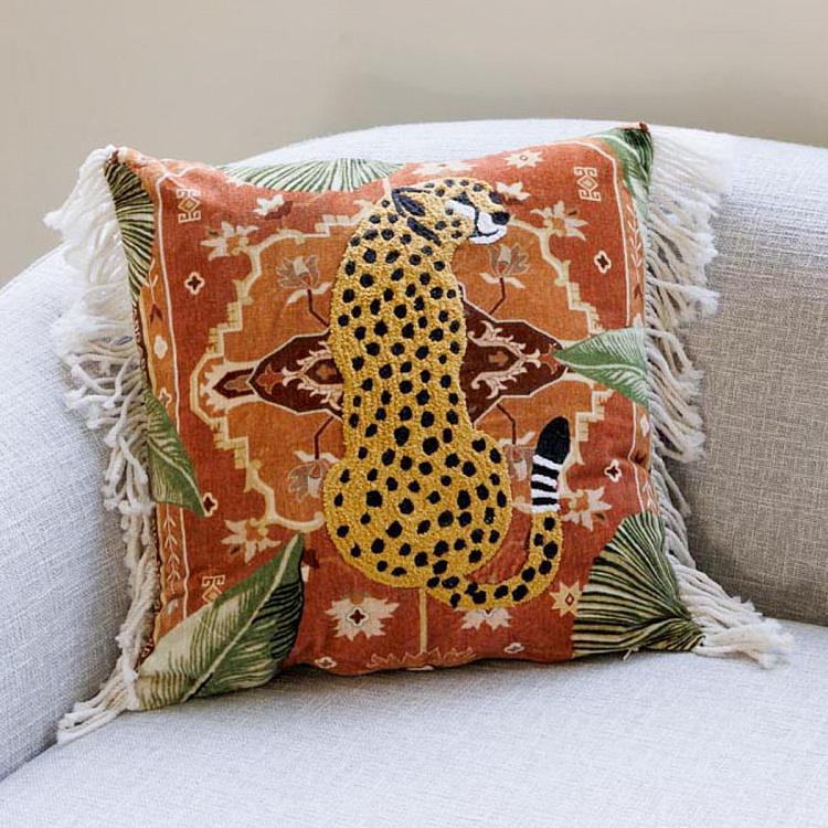 Terra Di Sienna Leopard Cushion With Fringes