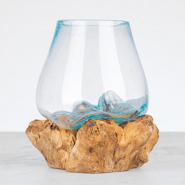 Стеклянная ваза на основании из корней тика Vase Ovale En Verre Sur Support En Racine De Teck