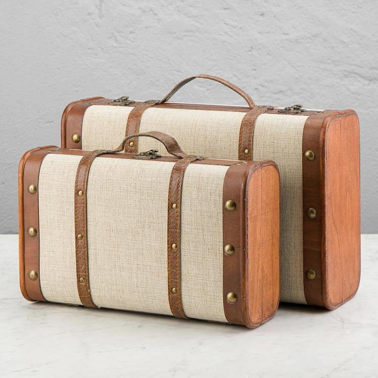 Set Of 2 Wood Fabric Suitcase Boxes Cream