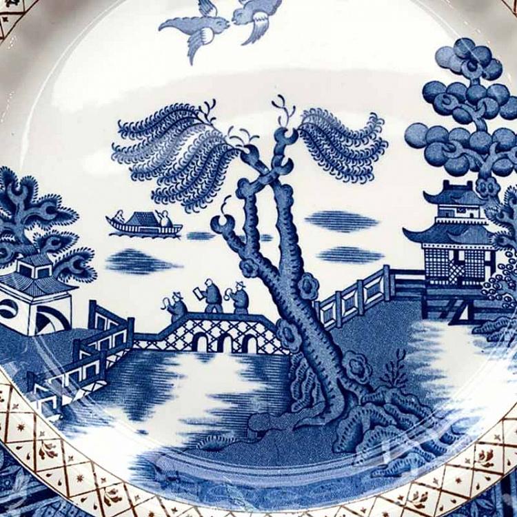Винтажная тарелка белая с голубым мотивом 16, L Vintage Plate Blue White Large 16