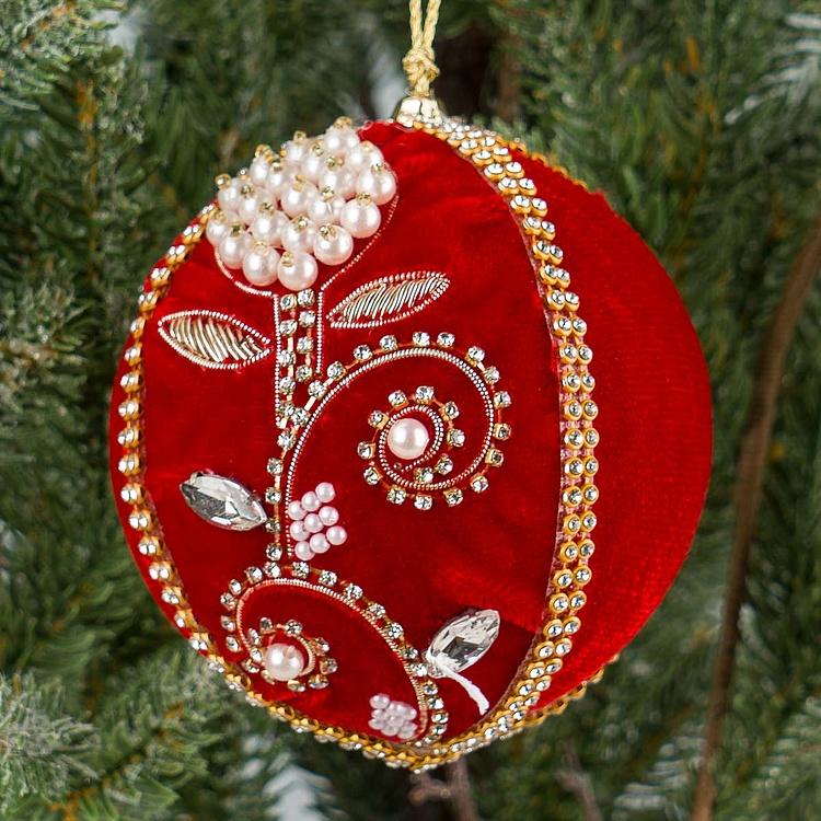 Ёлочная игрушка Красный шар с цветками из жемчуга и бисера Bead Pattern Velvet Ball Red 10 cm