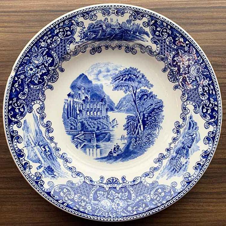Винтажная тарелка белая с голубым мотивом 9, L Vintage Plate Blue White Large 9