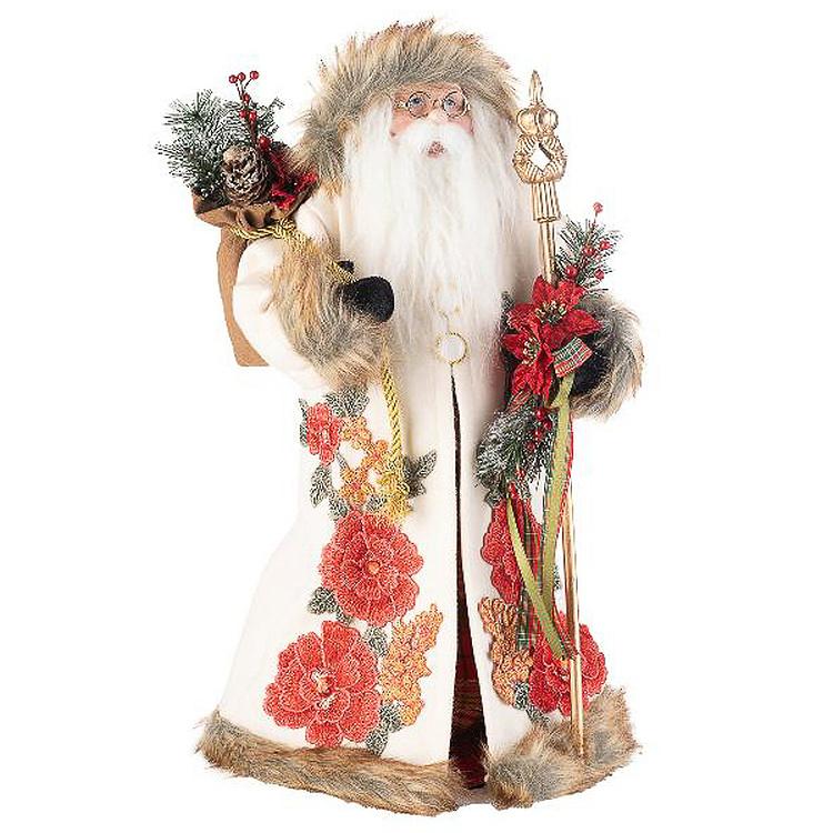 Новогодняя фигурка Санта в белой с цветочным узором шубе Santa Claus In White Fur Coat With Flowers 46 cm