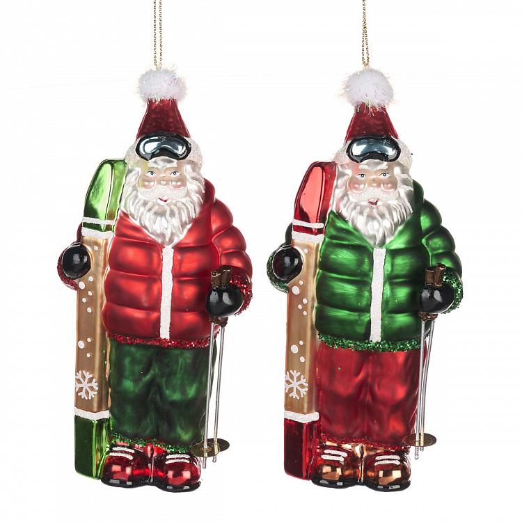 Set Of 2 Glass Santas With Skis Red Green 15 cm