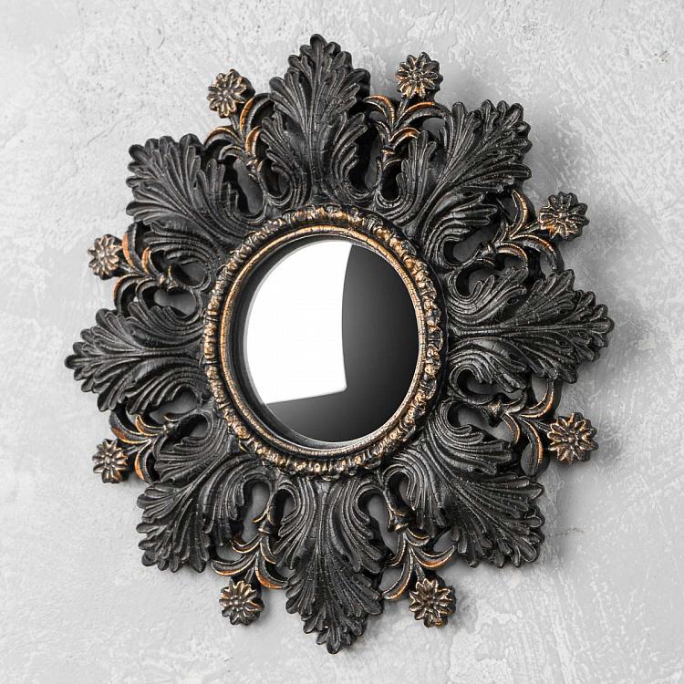 Выпуклое зеркало в раме с чёрными листьями и цветами Black Leaves And Flowers Convex Mirror