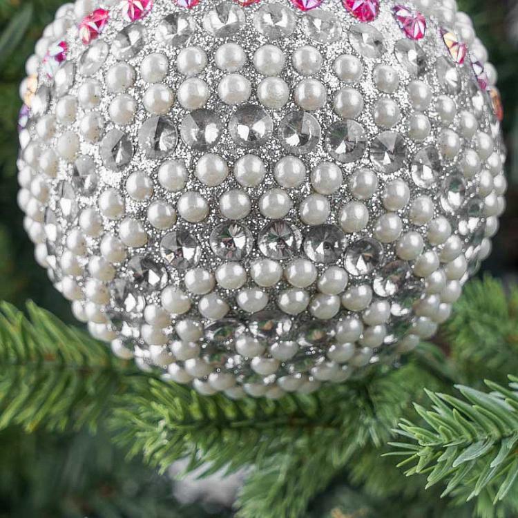Ёлочная игрушка Серебристый Шар с жемчугом и сердечками Pearls And Pink Hearts Ball Silver 9 cm