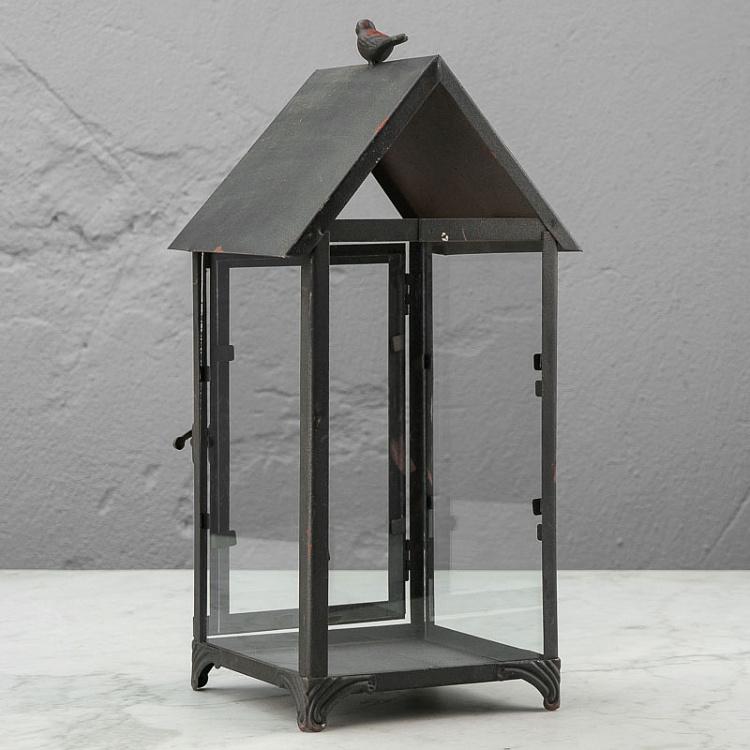Подсвечник Скворечник с птицей Aged Gray Metal Lantern House Shape