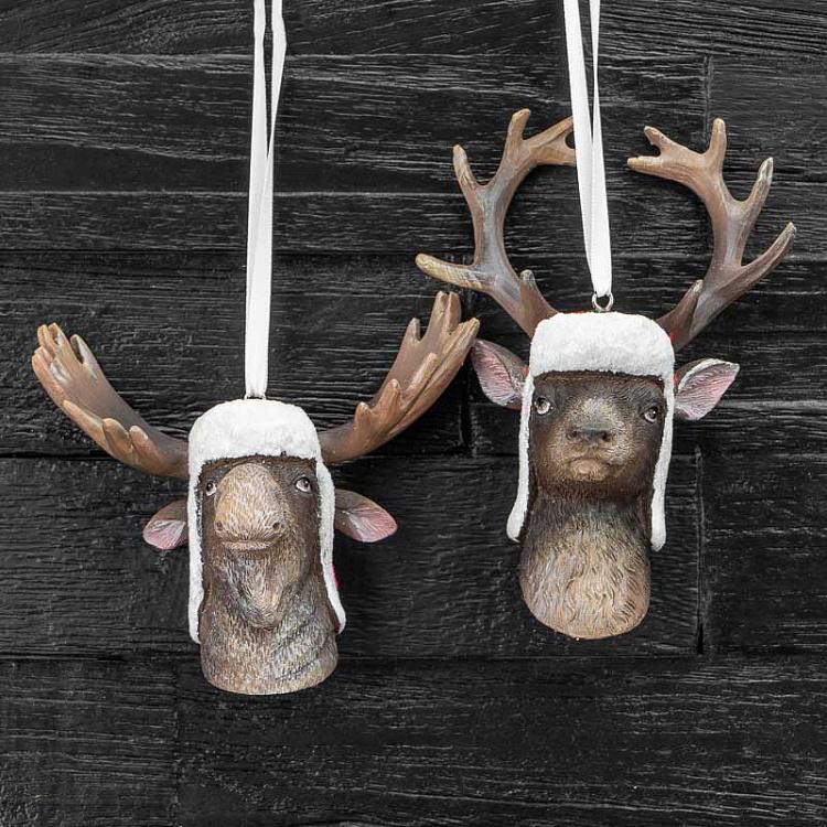 Набор из двух ёлочных игрушек Головы оленя и лося в шапках Set Of 2 Deer And Moose Heads With Hat Brown 13,5 cm