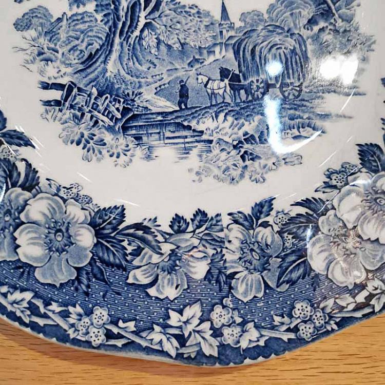 Винтажная тарелка белая с голубым мотивом 25, L Vintage Plate Blue White Large 25