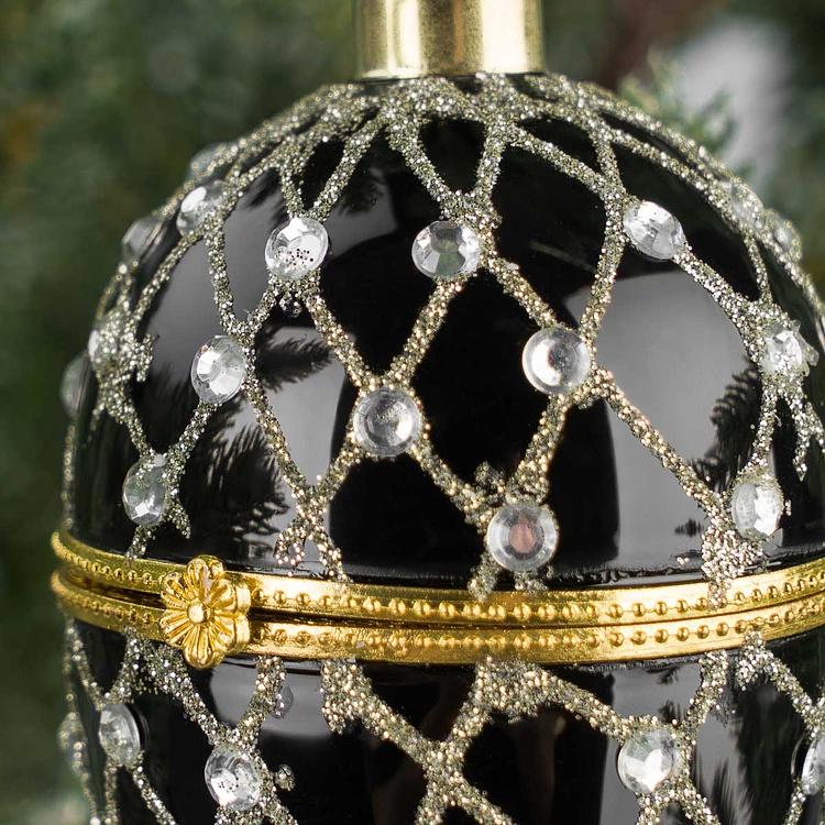 Ёлочная игрушка-шкатулка Чёрное яйцо с серебряным сеточным узором Xmas Egg Box Jewel Net Black Silver 9 cm