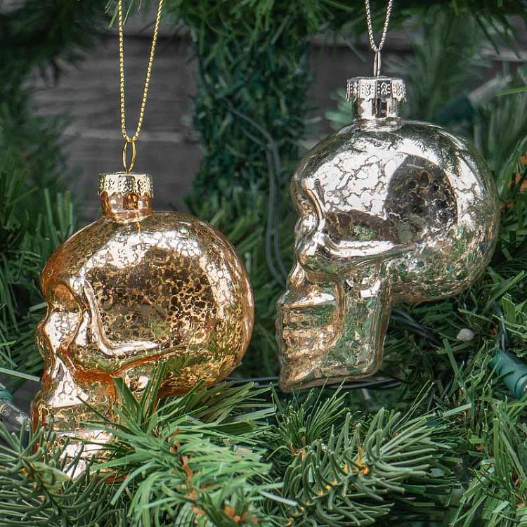 Набор из 2-х ёлочных игрушек Черепа цвета винтажного золота и шампань Set Of 2 Glass Antic Skull Gold/Champagne 9 cm