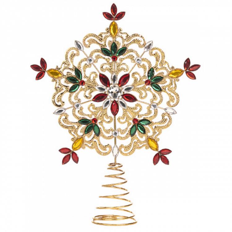 Верхушка на ёлку с разноцветными стразами Снежинка Jewel Snowflake Tree Topper Gold Red 33 cm