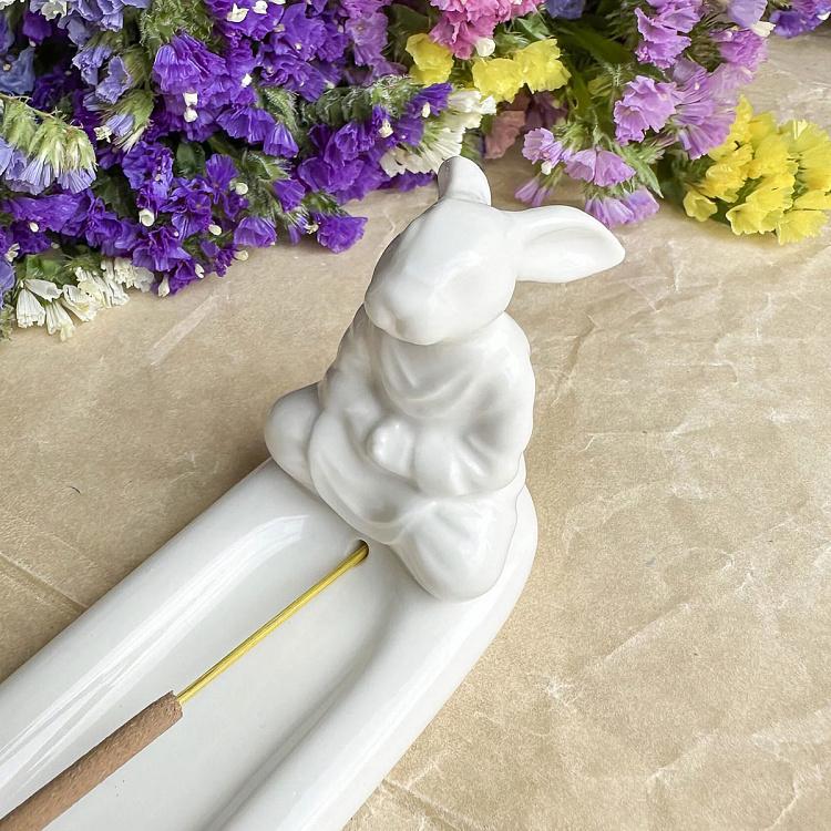 Белая подставка для благовоний Медитирующий кролик Meditating Rabbit Incense Stand White