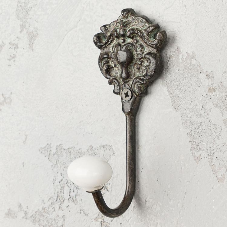 Small Hook Baroque With Porcelain Knob, Iron