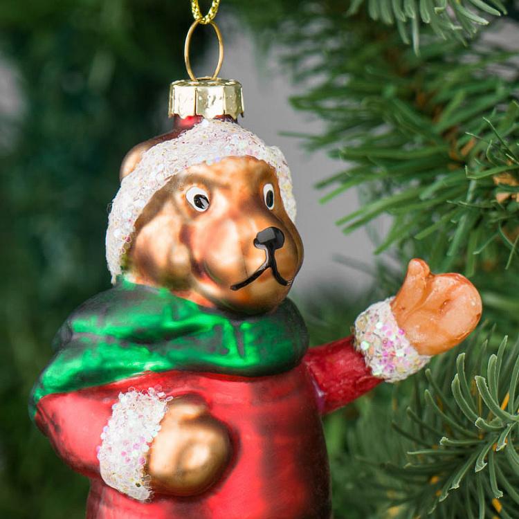 Ёлочная игрушка Медведь в костюме Деда Мороза Glass Hanger Bear With Hat Red 14 cm