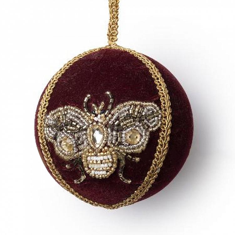 Ёлочная игрушка Бордовый шар с пчелой из бисера Beads Bee Ball Burgundy 9 cm