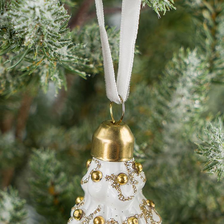 Ёлочная игрушка Белая ёлочка с золотыми бусинами Gold Beads Christmas Tree Ball White 12 cm
