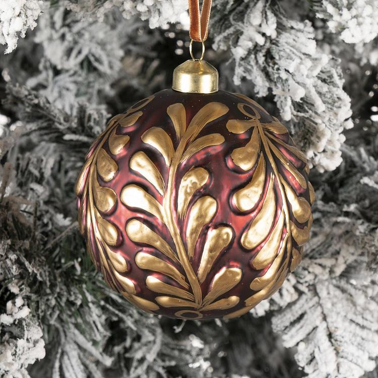 Ёлочная игрушка Красный шар с золотистым лиственным узором Gold Leaves Ball Red 10 cm