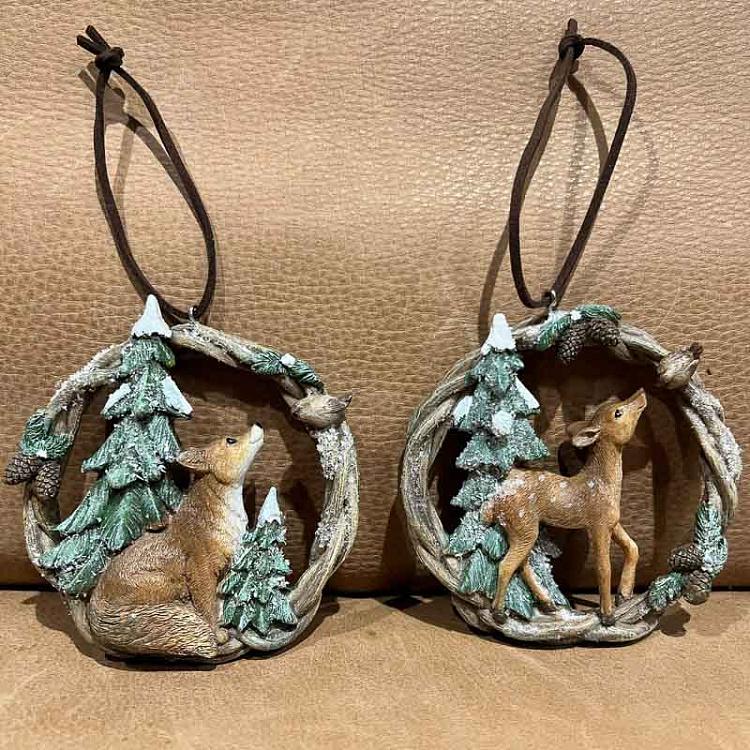 Набор из двух ёлочных игрушек Олень и лиса в венке Set Of 2 Fawn And Fox In Wreath 10 cm