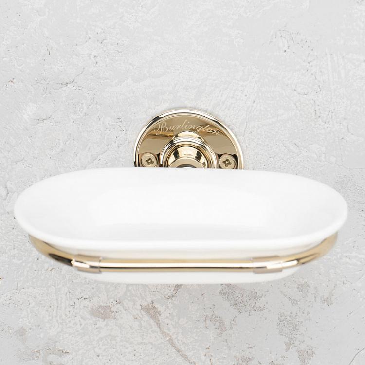 Настенная овальная белая мыльница в подставке золотого цвета Soap Dish Gold