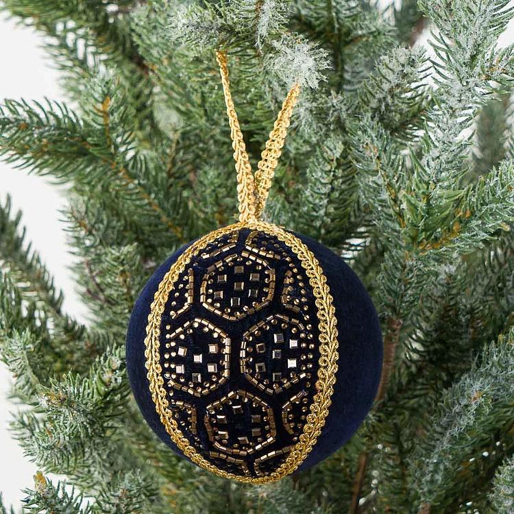 Ёлочная игрушка Текстильный шар индиго с золотистым узором Gold Pattern Textile Ball Indigo 9 cm