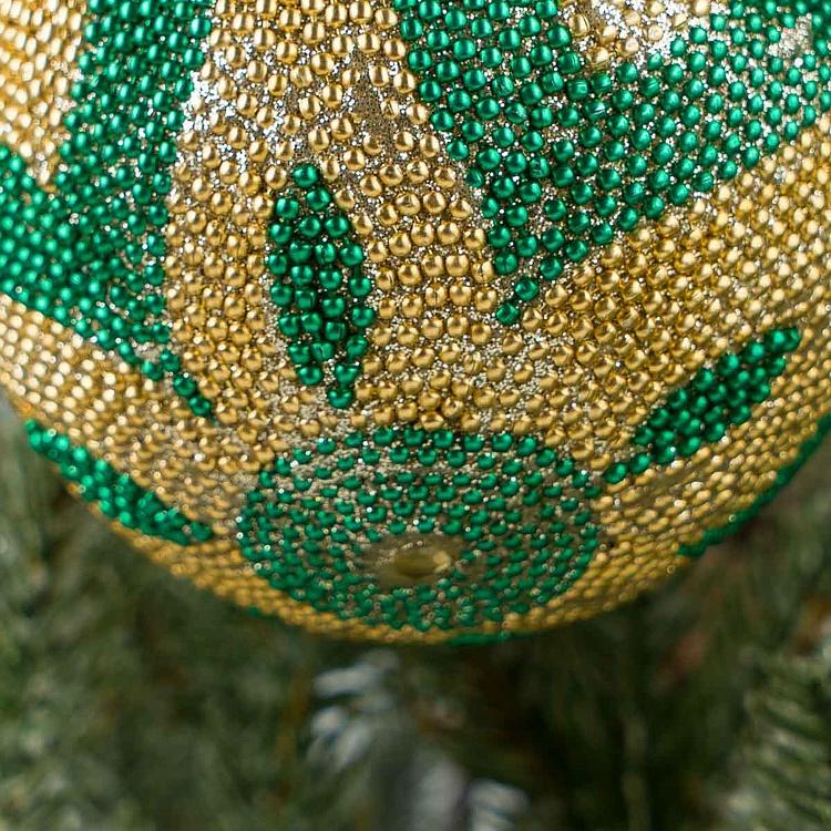 Ёлочная игрушка Шар с узором из золотого и зелёного бисера, S Beads Ball Gold And Green 9 cm