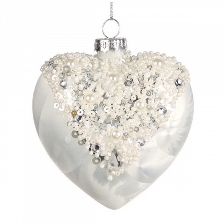 Ёлочная игрушка Белое матовое сердце с бусинами Glass Beaded Top Frosted Heart White 9 cm