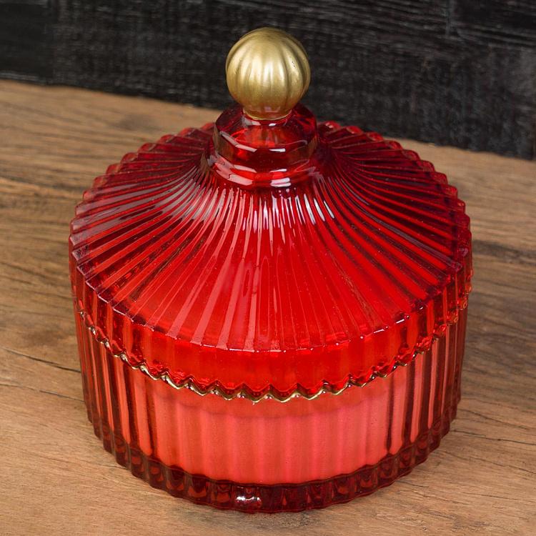 Арома-свеча в красном рифлёном стакане Фиолетоволистная роза, L Aroma Candle In Red Striped Glass Berry Rose Large