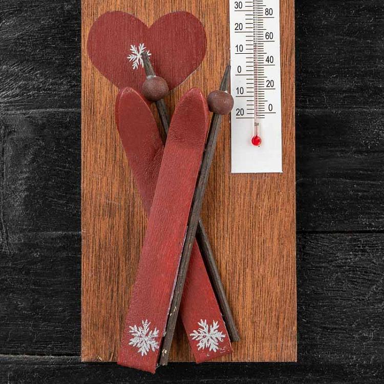 Настенный деревянный термометр с лыжами и снежинками Wooden Thermometer With Ski And Snowflakes 24 cm