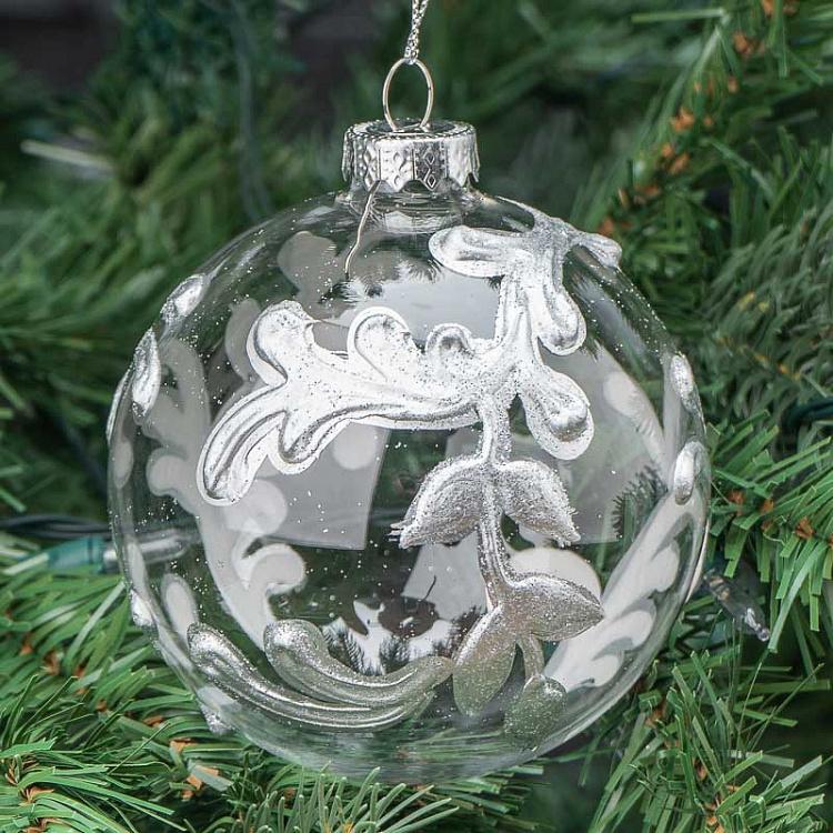 Прозрачный ёлочный шар с серебряным акантом Glass Acanthus Swirl Leaf Ball Clear/Silver 10 cm