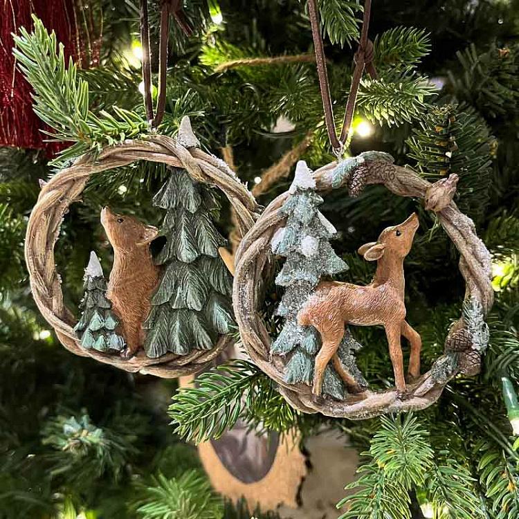 Set Of 2 Fawn And Fox In Wreath 10 cm