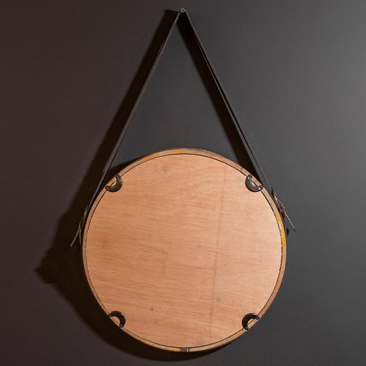 Настенное круглое зеркало из тёмного дерева на ремешке дисконт Round Dark Wood Mirror With Faux Leather Strap discount