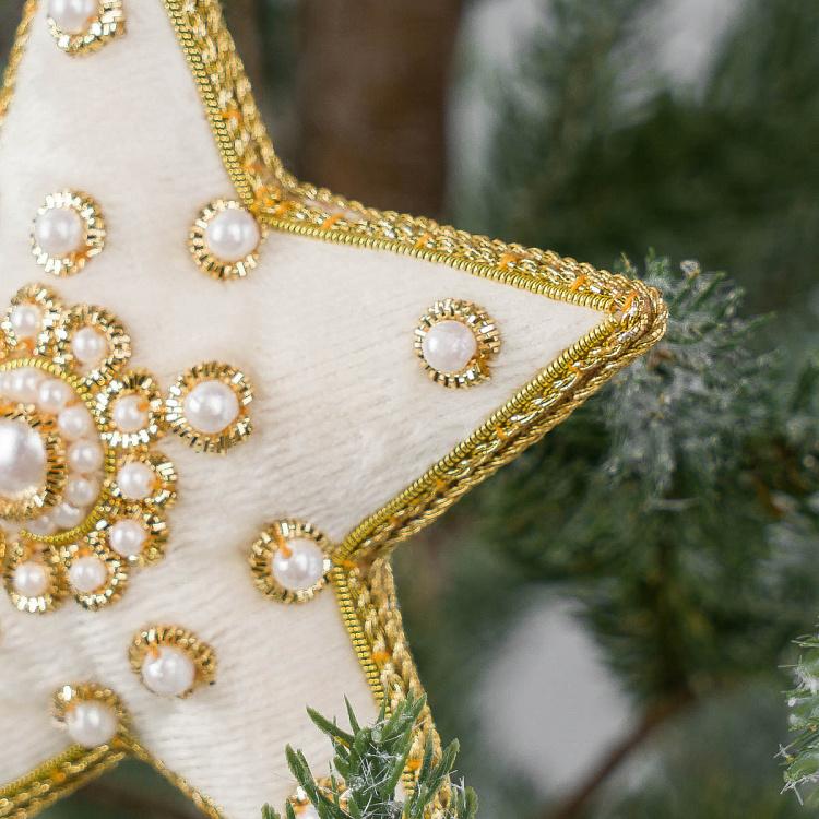 Ёлочная игрушка Белая барахатная звезда с жемчужинками White Velvet Star With Pearls 10 cm