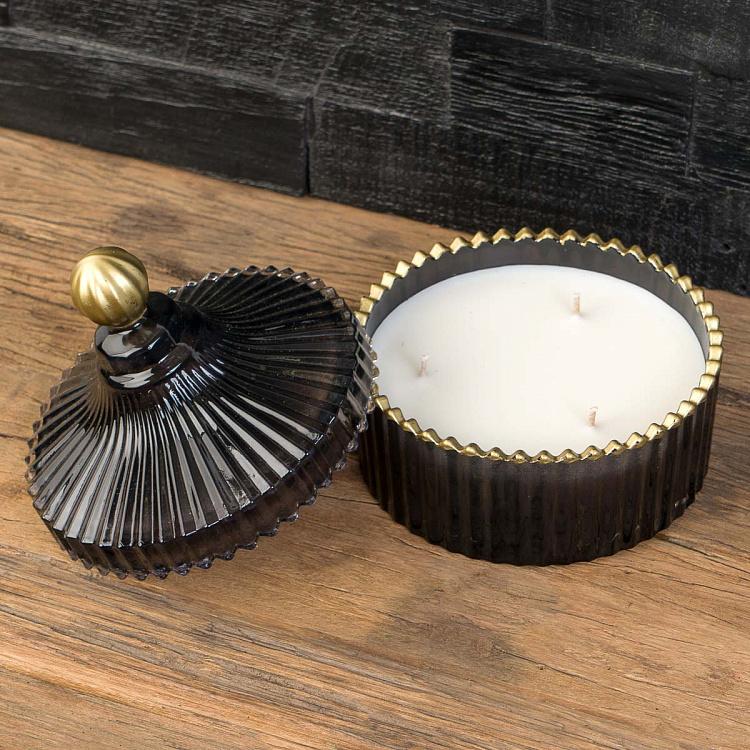 Арома-свеча в чёрном рифлёном стакане Блу Колье Дрифтвуд, L Aroma Candle In Black Striped Glass Blue Collier Driftwood Large