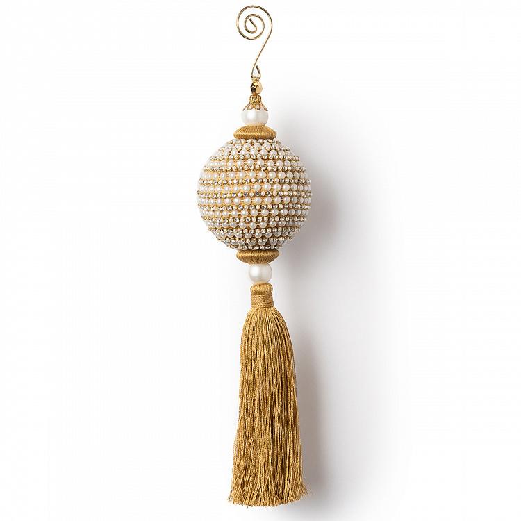 Новогодняя подвеска Шар из страз с жемчужиной и золотой кисточкой Pearl Rhinestone Ball With Gold Tassel 26 cm