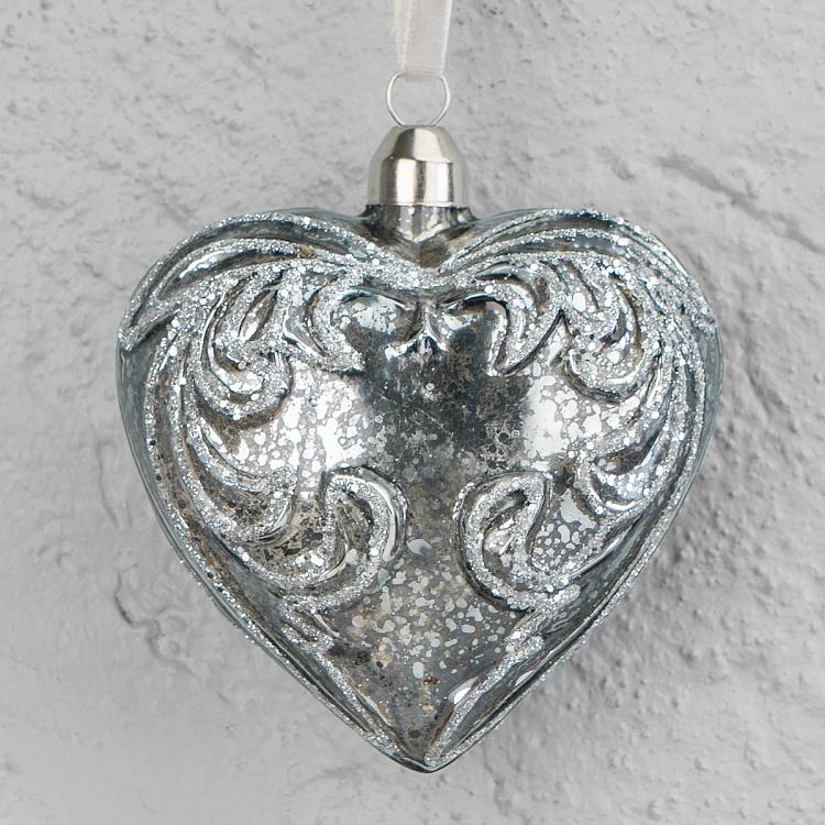 Ёлочная игрушка Сердце серебристо-голубое Heart Ball Silver Blue 9 cm