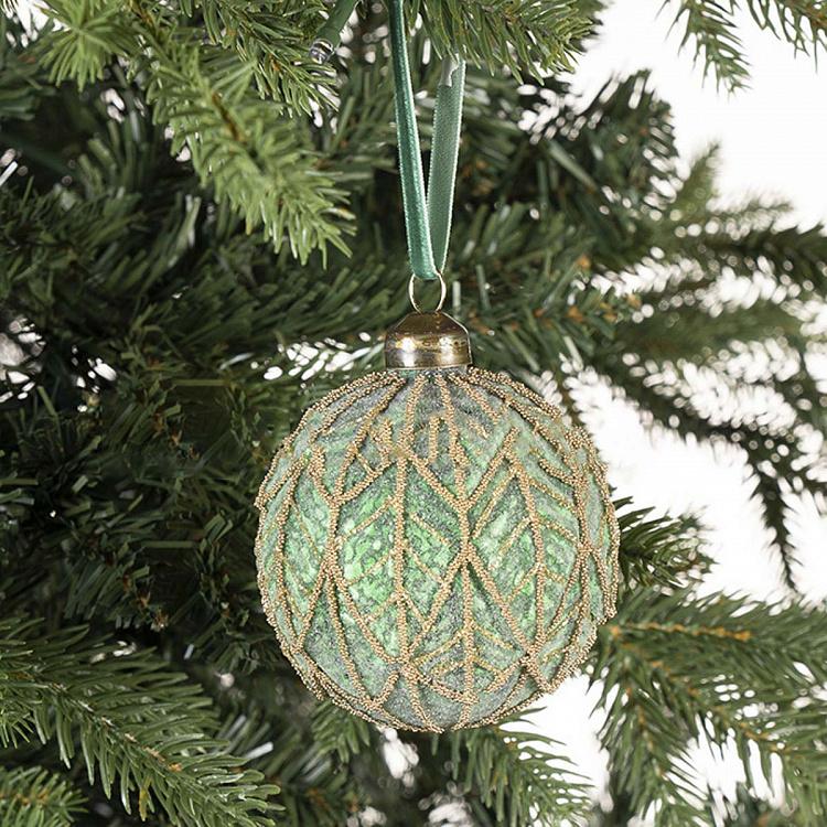 Ёлочная игрушка Зелёный шар с золотым лиственным узором Gold Pattern Ball Green 10 cm