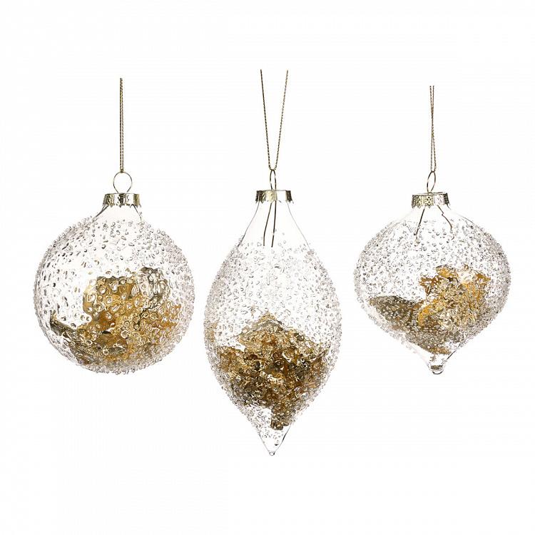 Set Of 3 Glass Crush Foil Ball Clear Gold 8 cm