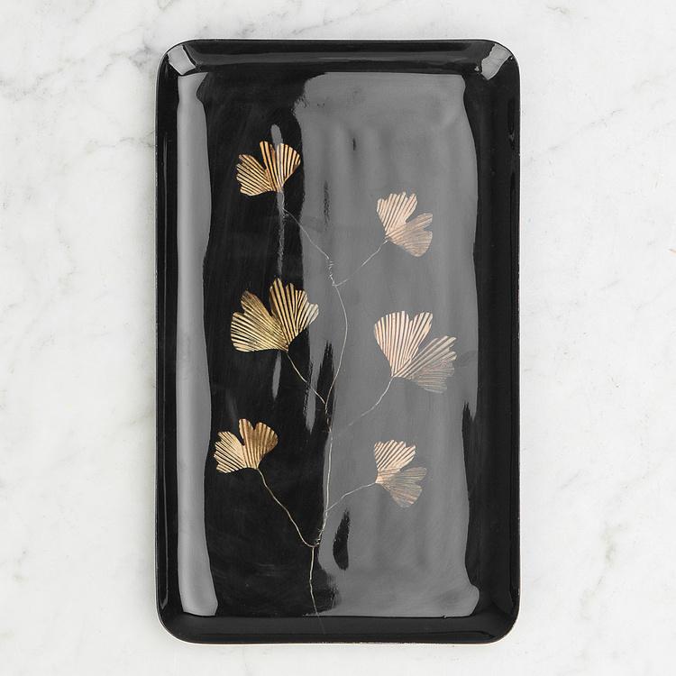 Железный поднос с узором Гинкго чёрно-золотистого цвета Ginkgo Black And Gold Trinket Tray
