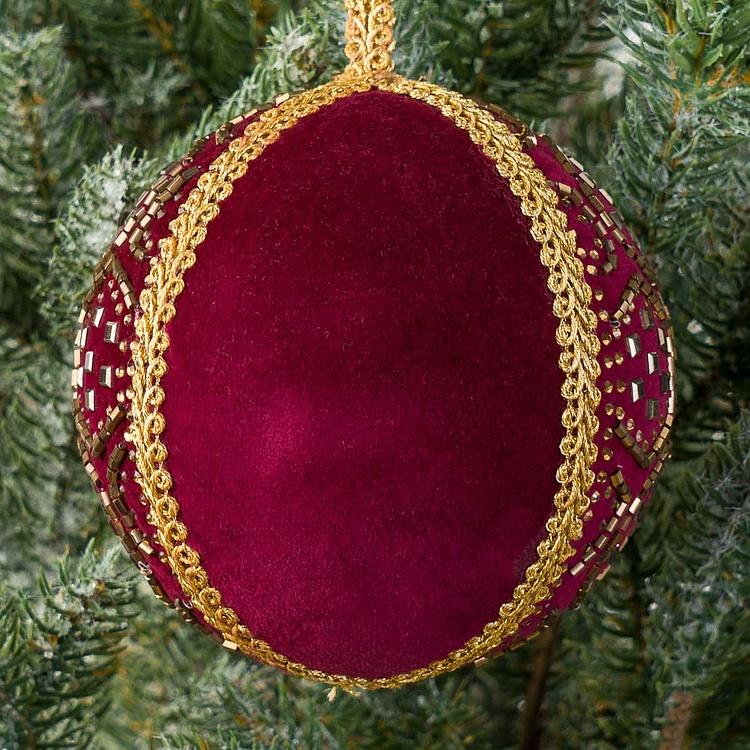 Ёлочная игрушка Бордовый текстильный шар с золотистым узором Gold Pattern Textile Ball Red 9 cm