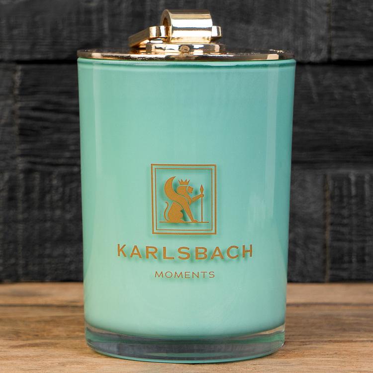 Арома-свеча в мятно-голубом стакане с золотой крышкой Огурец Aroma Candle In Mint Blue Glass With Gold Lid Cucumber