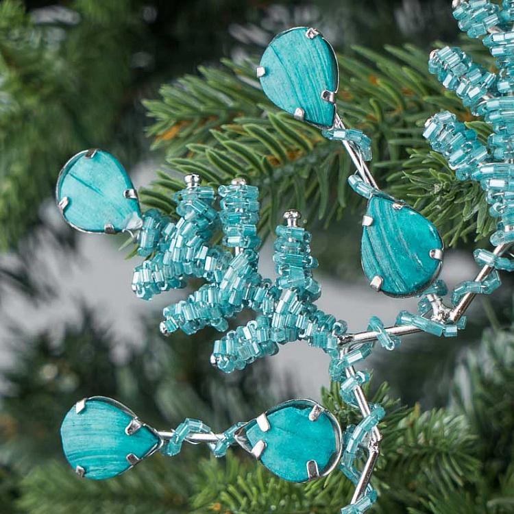 Ёлочная игрушка Серебристая снежинка с бирюзовыми стразами Turquoise Stones Snowflake Silver 19 cm