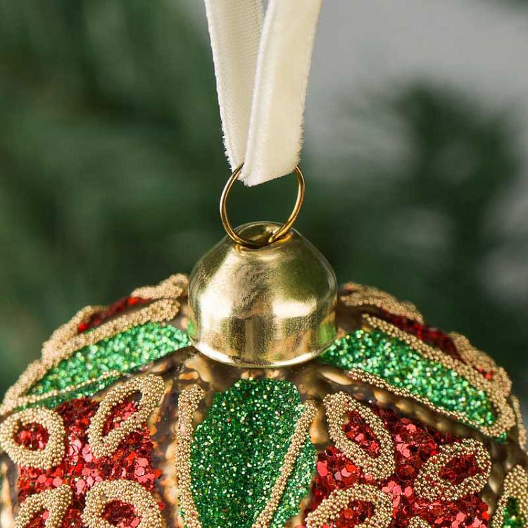 Ёлочная игрушка Стеклянный красно-зелёный с золотом шар Glass Ball Red Green Gold 8 cm